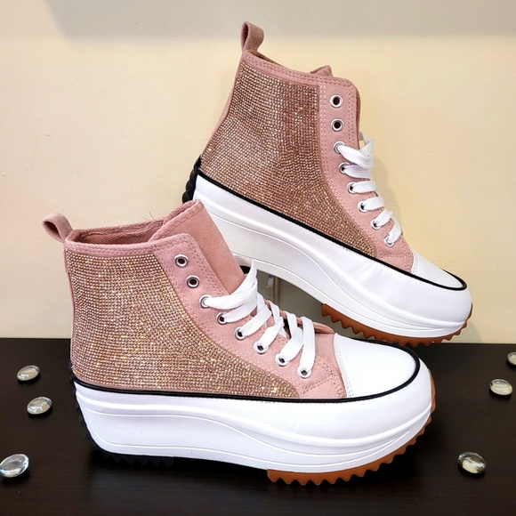 High Top Wedge Bling Pink Sneakers - Picture 1 of 4